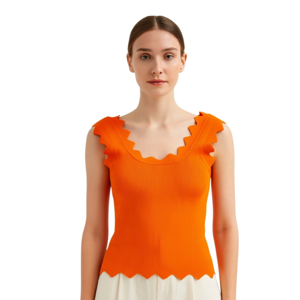 Sluiz Knit Orange Sleeveless Top with Zig Zag Edges Size S/M EUC